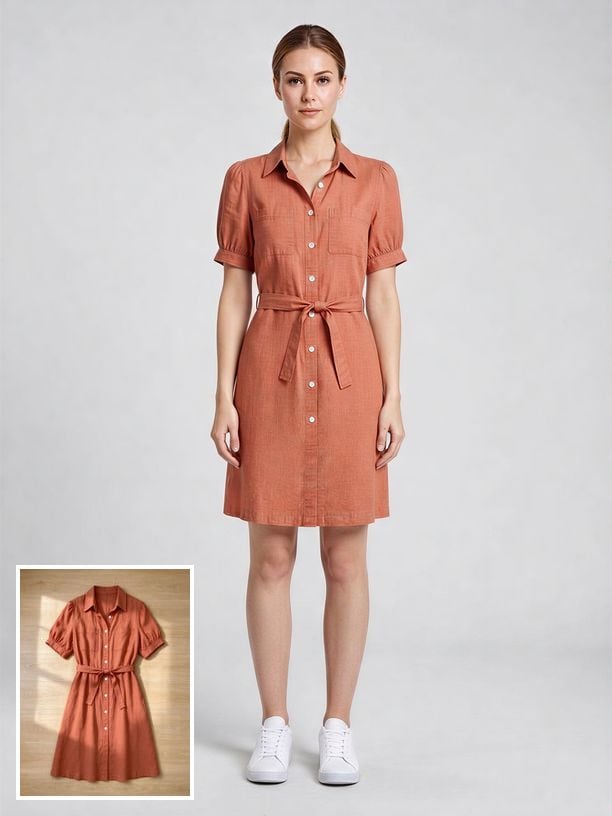 The fashion photoshoot tool: a garment photo (inset) put on an AI model.