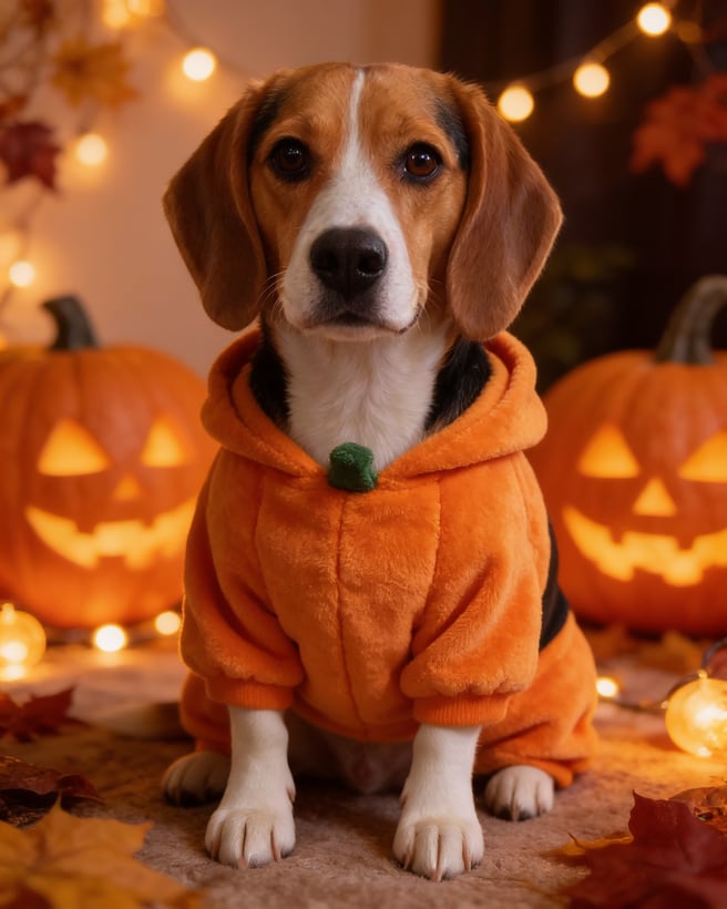 Pet in a Halloween costume: a beagle in a pumpkin hoodie next to glowing jack-o'-lanterns.