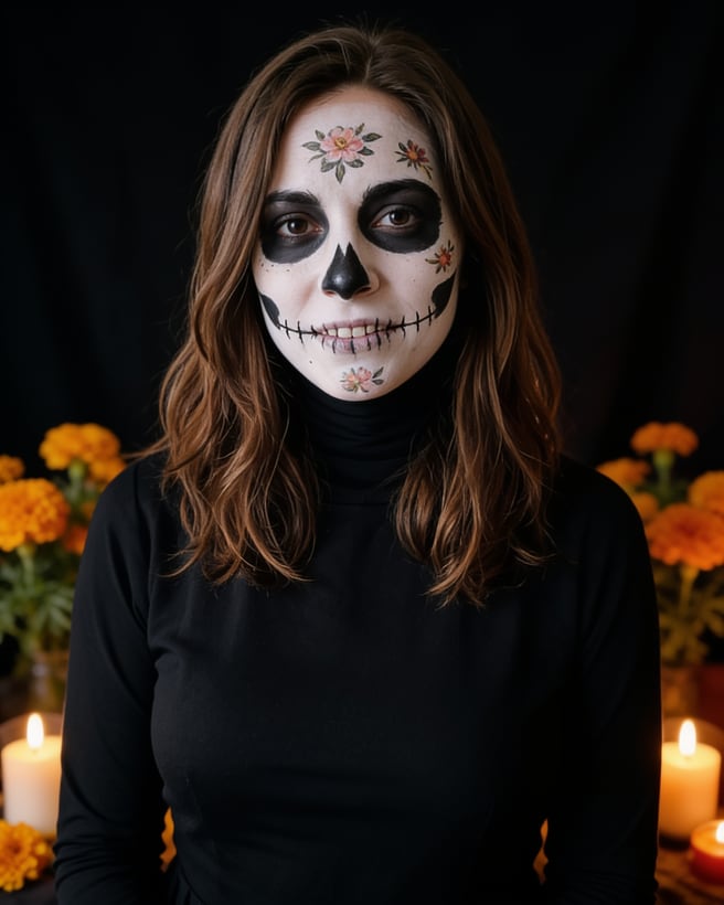 Skeleton face paint with painted flowers, marigolds and candles. The face is still recognisable.