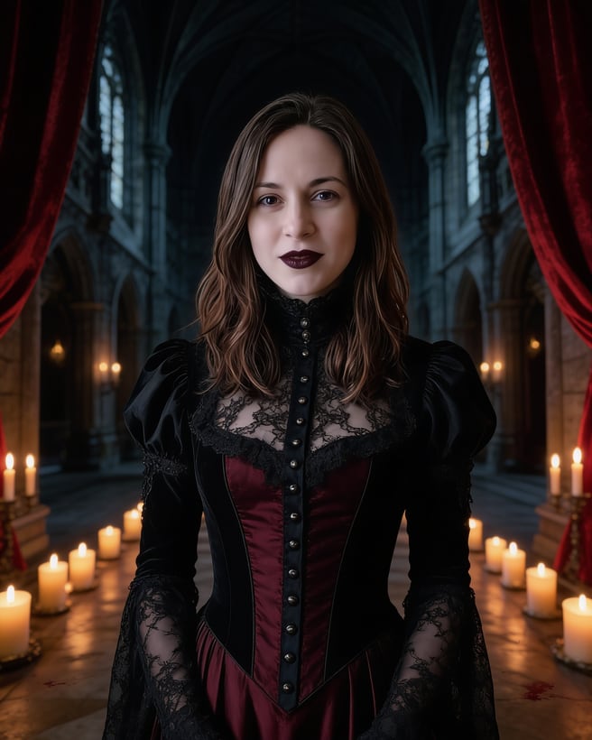 Vampire glam: a Victorian lace collar and dark berry lips in a candle-lit castle hall.