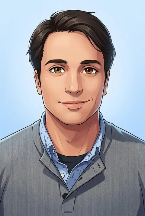 An anime portrait: hand-drawn lines, soft shading, a bright sky.