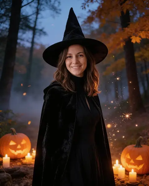 Halloween witch: a pointed hat, a velvet cloak, carved pumpkins and candles in a misty forest.