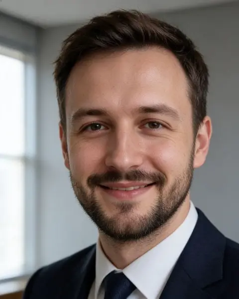 The "LinkedIn headshot" style: office-grey backdrop, soft front light.