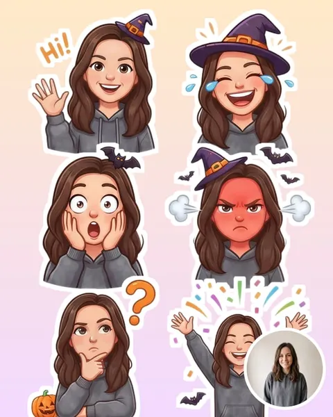A pack made from one selfie in the Halloween style: hi, laughing, wow, angry, thinking; the inset is the source photo.