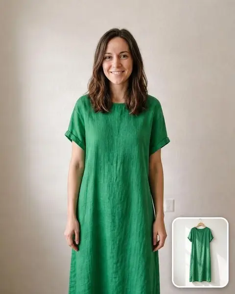 The result; the inset shows the second photo, the dress on a hanger.