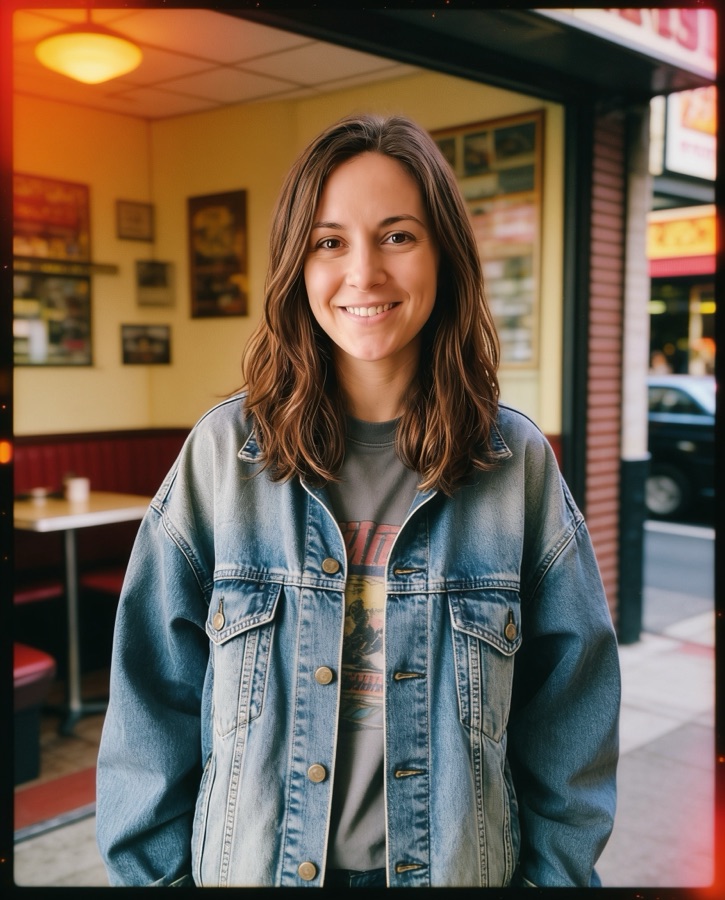 The 80s trend: oversized denim, warm flash, faded colours and 35mm grain.